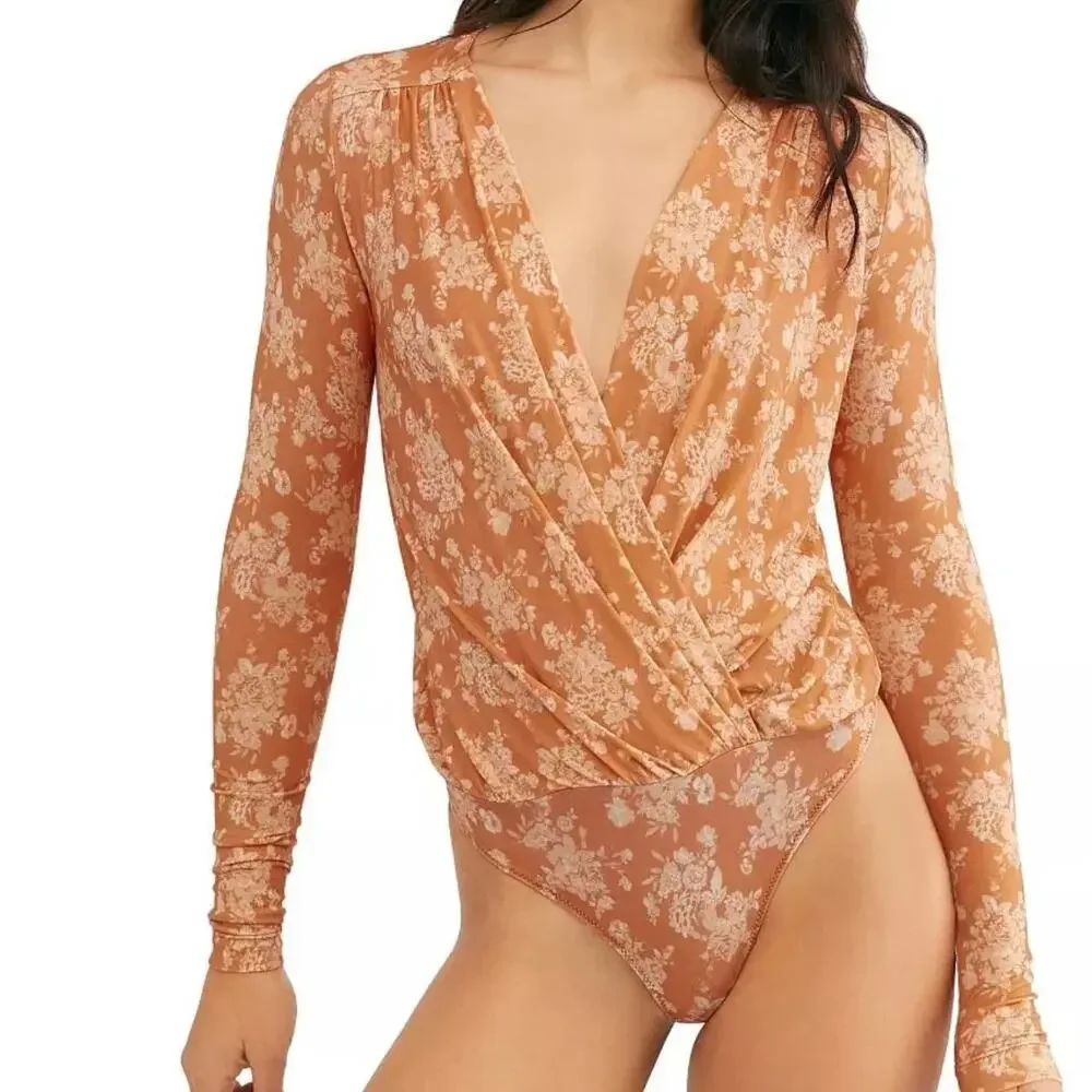 Free People Orange & White Spring Combo Turnt Bodysuit